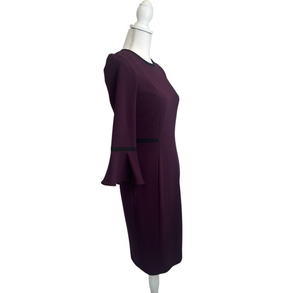 Calvin Klein Women’s Plum Bell Sleeve Black Piping Trim Sheath Dress Size 4 - Picture 3 of 7